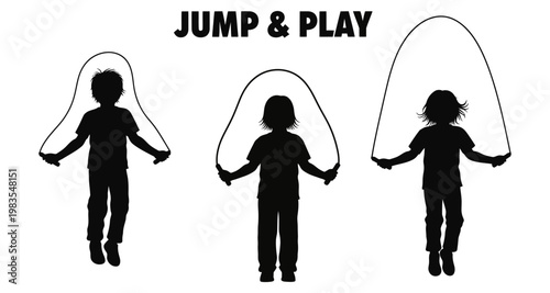 Children jumping rope silhouettes during active play and exercise