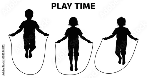 Children jumping rope during play time in silhouette against white background