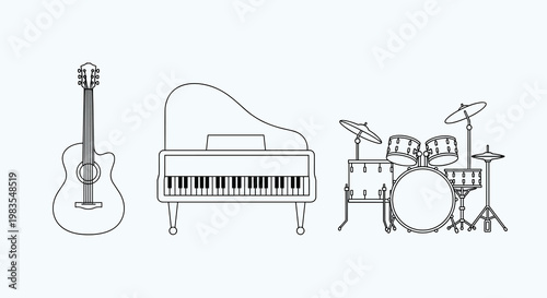 A line drawing of a guitar grand piano and drum set on a light blue background showcasing musical instruments in a simple and elegant style, Generative AI.