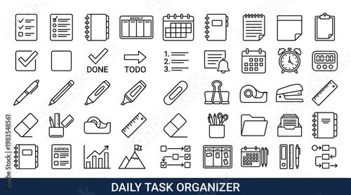 Collection of icons representing planning, organization, and office supplies