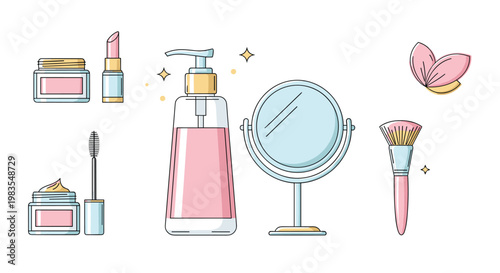 Colorful illustration of various makeup products and accessories, Generative AI.