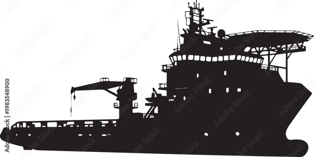 Obraz premium Industrial cargo ship, silhouette, black vector, maritime icon, transportation symbol