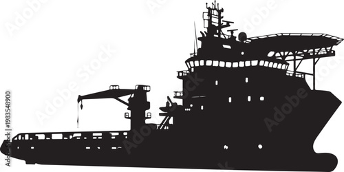 Industrial cargo ship, silhouette, black vector, maritime icon, transportation symbol
