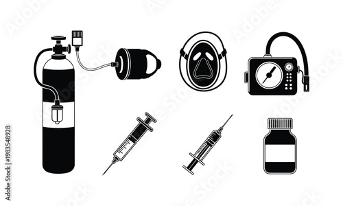Scuba diving and medical equipment illustration with syringes and gas tank