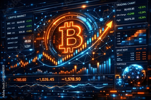 Cryptocurrency Trading Dashboard with Bitcoin and Digital Market Chart – Blockchain Finance Concept