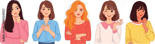 Beautiful women portraits vector set with diverse female faces emotions expressions and modern stylish illustration collection