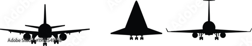 Airplane silhouettes front view set passenger and supersonic aircraft vector illustration isolated for aviation, transport and travel design use