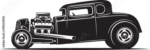 Vintage hot rod car, black and white vector, classic automobile illustration, custom car design