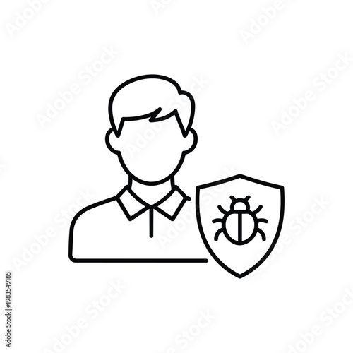 Pest control specialist profession black and white vector icon pest control worker with shield and bug symbol illustration