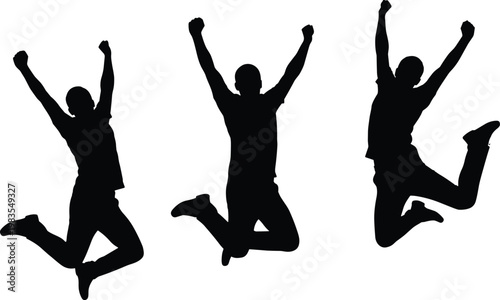 Black silhouette illustration of three jumping human figures with raised arms showing celebration, energy, and dynamic movement concept