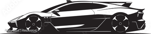 Sleek sports car, black vector illustration, side view, modern design, luxury vehicle