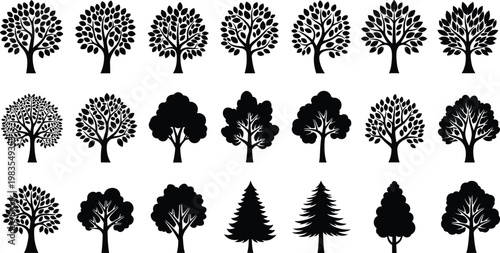 Black silhouette illustrations of twenty different trees, showcasing deciduous and coniferous shapes, botanical vector art collection
