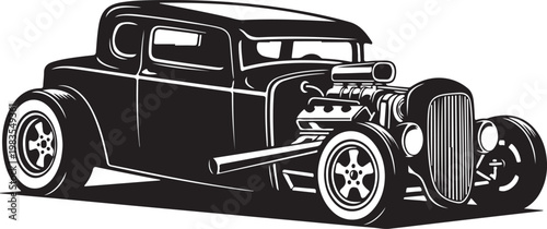 Vintage hot rod car, classic automobile, black vector illustration, car design element