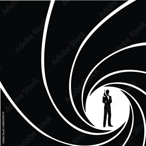 Agent silhouette in gun barrel spiral background, classic spy genre design element for thrillers. t-shirt design