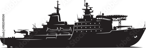 Warship, military vessel, naval ship, black silhouette, vector illustration, military boat, naval fleet