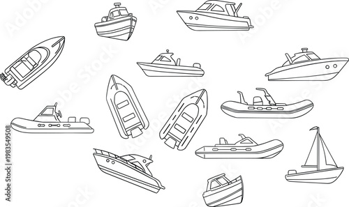Collection of boat and yacht line art illustrations in different styles isolated on white background for marine transport and nautical design