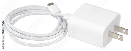 USB-C charger. Fast charging power adapter with USB Type-C cable portable wall charger for smartphone tablet laptop and electronic devices. Electricity supply concept. Isolated background