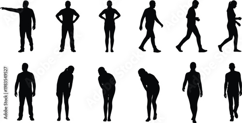 Collection of human silhouettes in various poses walking standing gestures male and female figures vector illustration set
