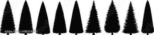 Collection of pine tree silhouettes set isolated black evergreen forest icons minimal vector illustration for nature landscape design
