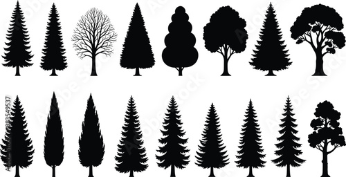 Collection of tree silhouettes including pine fir and deciduous trees isolated nature forest elements vector illustration sett