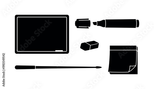whiteboard rectangular, marker pen with cap, eraser small, pointer stick long, sticky notes pad bold black silhouette clipart,