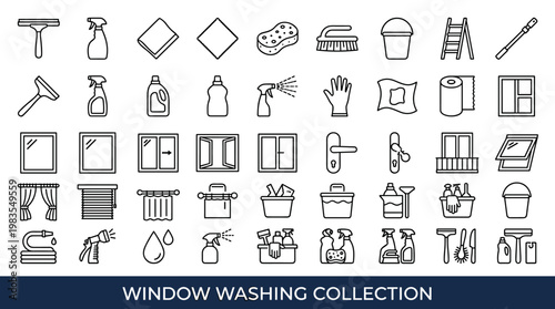 Collection of line art icons for window cleaning and home maintenance tasks