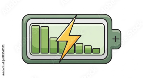 A vector illustration of a battery icon with a lightning bolt symbol, indicating that the battery is currently charging. The battery level is shown with decreasing green bars. 
