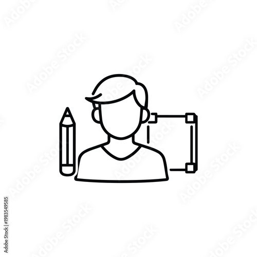 Graphic designer profession black and white vector icon graphic designer avatar with pencil and design tools line art illustration