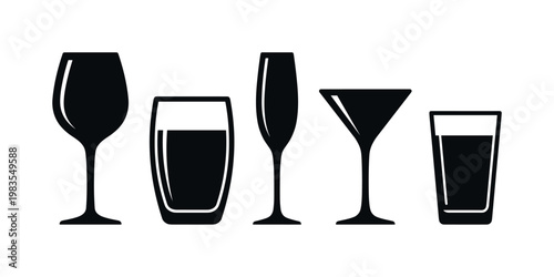 wine glass tall stem, water glass tumbler shape, champagne flute narrow glass, cocktail glass martini shape, juice glass simple