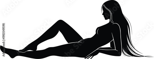 Elegant female silhouette reclining pose with long hair, minimalist black vector illustration, modern beauty fashion concept isolated on backgroundt