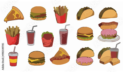 Hand Drawn Fast Food Doodle Set Cute Cartoon Snacks Vector Illustration