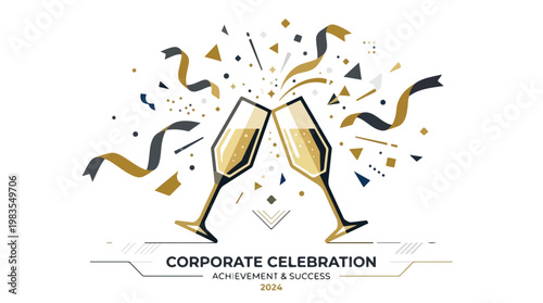 Two champagne glasses clinking together in a celebratory toast surrounded by confetti and streamers for a corporate