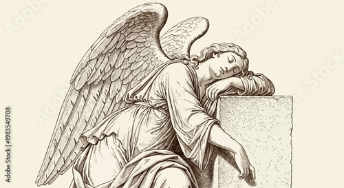 Vintage angel, angel illustration, winged figure, stone pedestal, sepia tone