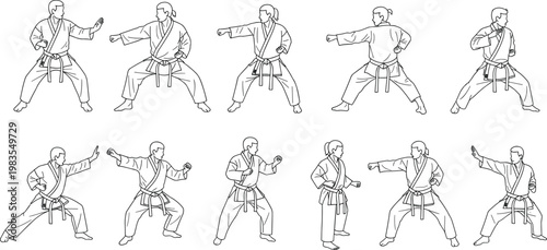 Karate martial arts poses outline collection vector illustration fighters training stance set isolated for sport fitness and self defense design