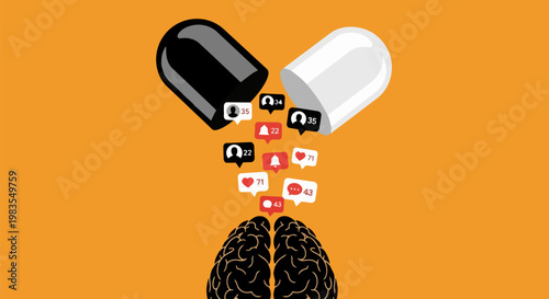 Brain, pill, social media, vector icon, mental health, thoughts, ideas, mind, black and white, orange background