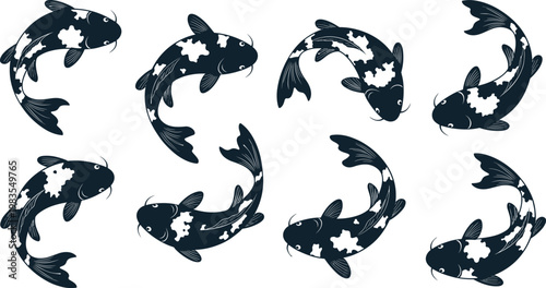 Koi fish silhouettes set Japanese carp swimming poses ornamental aquatic animals vector illustration collection isolated design elements