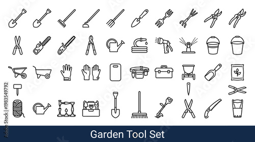 Collection of various garden tools and equipment icons for landscaping and cultivation