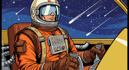 Astronaut, Space Suit, Orange, Vector Illustration, Space Travel, Comic Style, Starry Night Sky