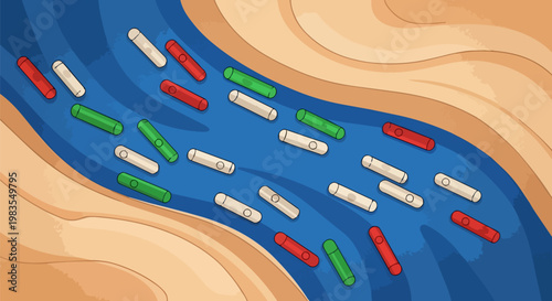 Polluted river, contaminated water, pills and capsules, environmental issue, ecology