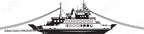 black, ferry boat, vector illustration, isolated on white, cable ferry