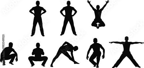 Set of active male silhouettes performing jumping, stretching and fitness poses isolated on white background for sport design