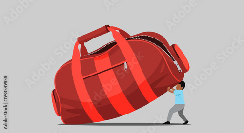 Man pushing large red sports gym bag, athletic luggage, travel duffel, fitness equipment