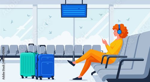 Airport, travel, transportation, vector illustration, woman with luggage, waiting area