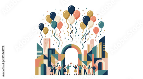 Diverse group of people celebrating success with balloons and confetti in a stylized cityscape