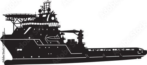 Black silhouette cargo ship, industrial vessel, freight boat, vector illustration