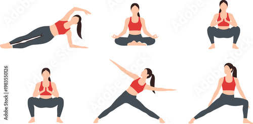 Yoga pose illustration set featuring meditation, plank, squats, and standing stretches, fitness exercise collection for stock