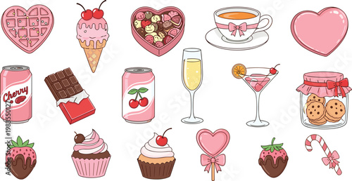 Cute sweet treats and love themed vector set featuring desserts drinks candies and heart shapes romantic collection isolated illustration