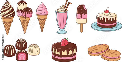 Delicious desserts vector set featuring ice cream cakes milkshake chocolates and cookies sweet bakery collection isolated illustration