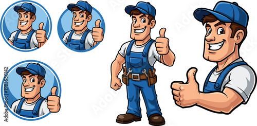 Handyman mascot vector collection with smiling construction worker giving thumbs up professional service cartoon illustration set