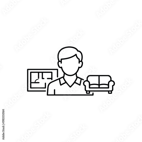 Interior designer icon black and white vector interior designer profession with floor plan and sofa interior designer outline illustration